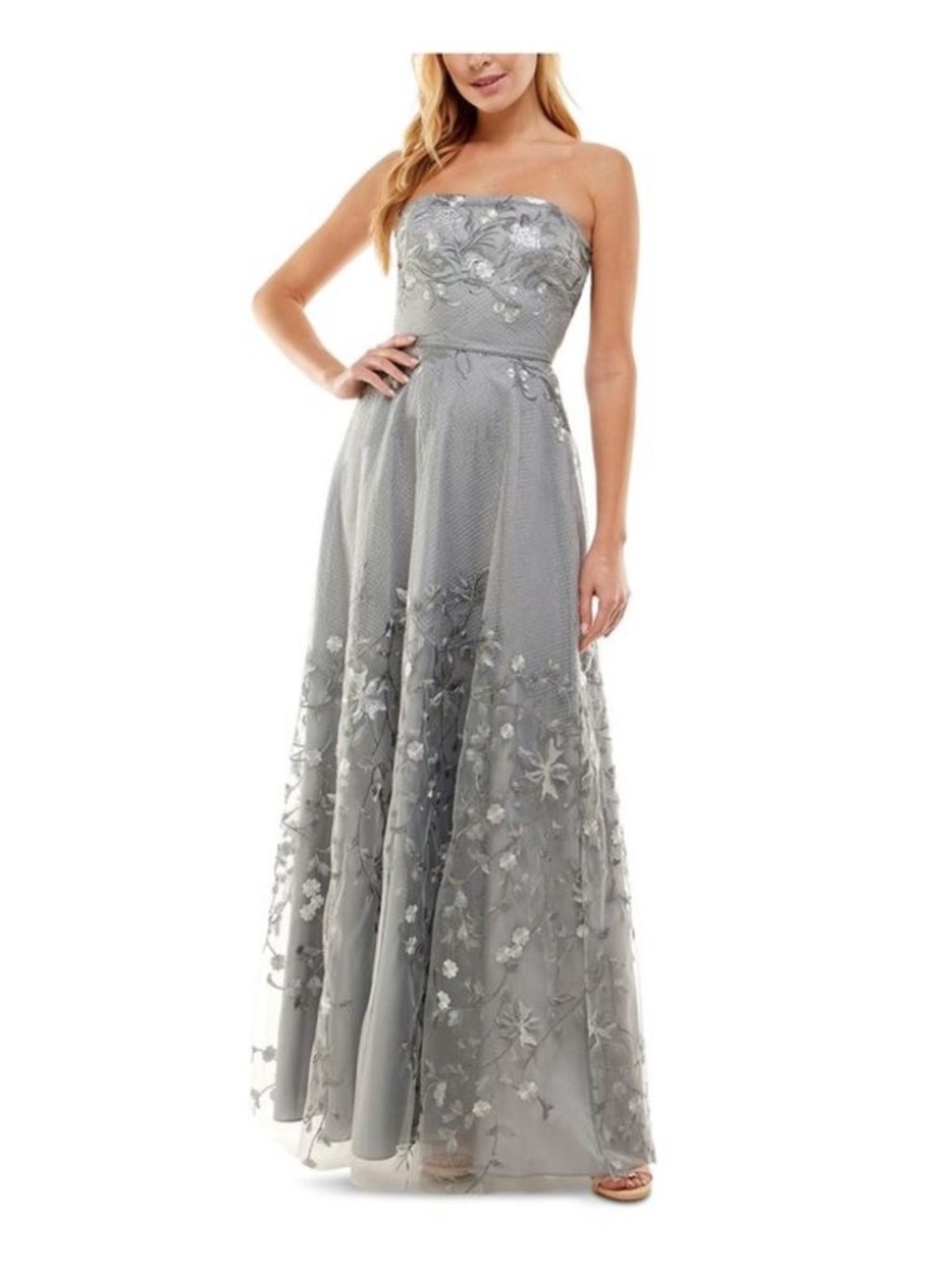 City Studio Juniors Floral Embroidered Lace-Up Strapless Dress